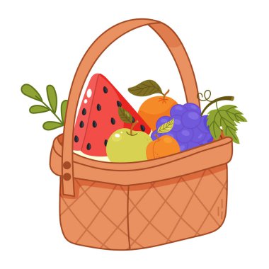 Karpuz, elma, portakal ve üzüm gibi taze meyvelerle dolu şirin bir yaz sepeti. Parlak ve sağlıklı çizgi film tarzı.
