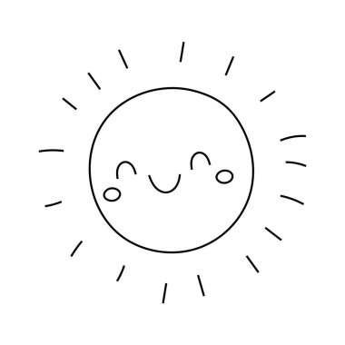 Gülen çizgi film suratlı, el yapımı minimalist bir güneş. Çocuklar ve renkler için eğlenceli ve neşeli siyah tasarım.