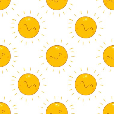 Gülümseyen sevimli sarı güneş yüzleri olan neşeli, pürüzsüz desenli, çocukların yaz tasarımları veya arka planları için mükemmel..