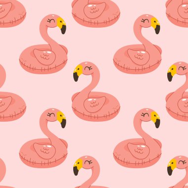 Çizgi film flamingo şeklindeki şişme havuz, yaz tasarımları için yumuşak pembe arka planda yüzer..