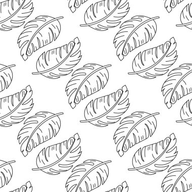 Siyah beyaz muz yapraklarının ana hatları, renklendirme sayfaları ve tropikal temalı tasarımlar için ideal..