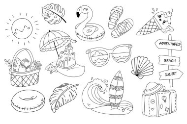 Flamingo, dondurma, güneş, plaj şemsiyesi, sörf tahtası ve valizli siyah beyaz el yapımı yaz temalı kolajı..