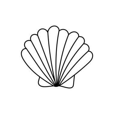 Renkli sayfalar, okyanus temalı basım tabloları ve yaz sanatı için ideal siyah beyaz deniz kabuğu çizimi.