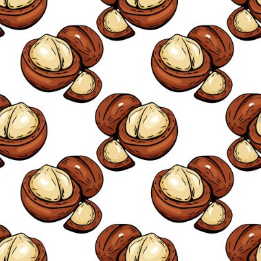 Macadamia fındıklarının el çizimi vektör deseni, kırılmış ve bütün. Ürün ambalajlama, abur cubur markaları ve sağlıklı yiyecekler için harika..