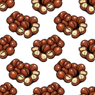 Makadamia fındık kümelerinin vektör deseni gerçekçi el çizimi şeklinde. Atıştırmalık paketler, doğal yemek temaları ve markalaşma için ideal..