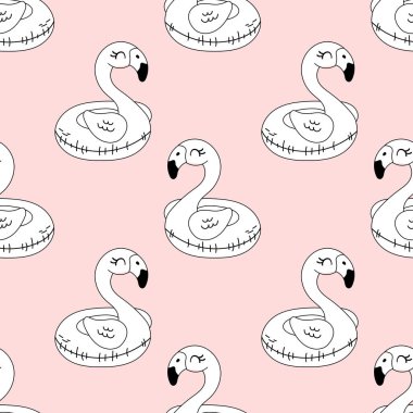 Siyah ve beyaz tekrar eden flamingo havuz karikatür tasarımı. Yaz temalı renkli sayfalar ve yazdırılabilir tablolar için harika.