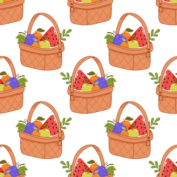 Elma, üzüm, karpuz ve portakallı piknik sepeti içeren renksiz desenler. Yaz için yiyecek ambalajı ya da baskılar için ideal.