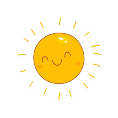 Mutlu yüzü ve ışınları olan sevimli sarı güneş. Çocuk baskıları, yaz grafikleri, çıkartmalar ve hava durumu simgeleri için harika.
