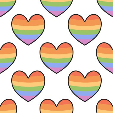 Yinelenen gökkuşağı kalbi, gurur aylarında LGBTQ gurur, sevgi ve kapsayıcılığı temsil eden kusursuz bir düzende şekillenir..