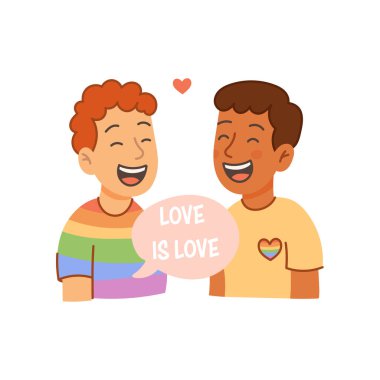 Gurur sembolleri ve sevgi dolu iki mutlu eşcinselin vektör çizimi aşk ifadesidir. LGBTQ hakları ve birliği kavramı.