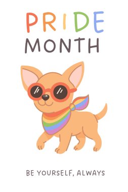 Gökkuşağı eşarplı ve güneş gözlüklü sevimli köpekli vektör kartpostalı, gurur ayında kendini ifade etmeyi ve LGBT gururunu destekliyor..