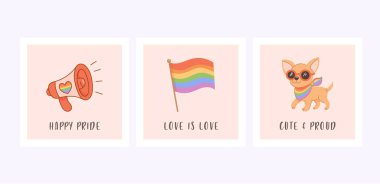 Minimalist LGBT temalı kartpostal seti gökkuşağı megafonu, bayrak ve gözlük takan havalı bir köpek..