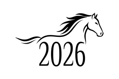 2026 Çin Zodiac Yılı 'nı temsil eden dalgalı yeleli siyah beyaz at grafiği..