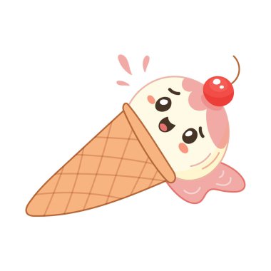 Kirazlı kawaii tarzı dondurma külahının çok güzel bir çizimi. Çocuklar, yaz ve tatlı tasarımları için mükemmel..