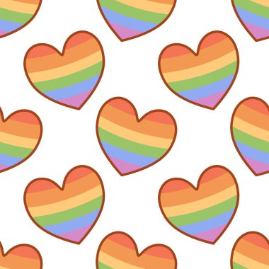 Renkli gökkuşağı çizgili kalpler, beyaz arka planda LGBT gurur, sevgi ve çeşitliliği temsil eden tekrarlayan kusursuz bir desen..