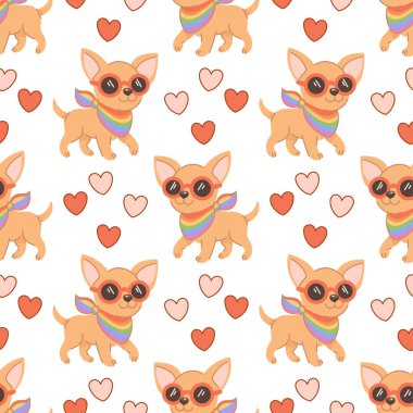 Kırmızı ve pembe kalplerle çevrili, gökkuşağı gururlu eşarp ve güneş gözlüğü takan chihuahua köpeğiyle oynak, pürüzsüz desen..