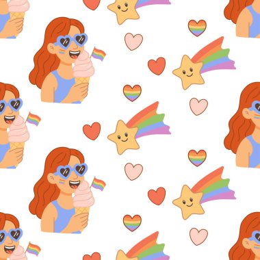 Renkli LGBT temalı kalp ve yıldızlarla çevrili gökkuşağı yüzlü, güneş gözlüklü ve dondurmalı bir kız..