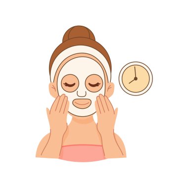 Beyaz çarşaf maskesi takan, gözleri kapalı rahatlayan bir kadın resmi, güzellik tedavisini gösteren bir saat..