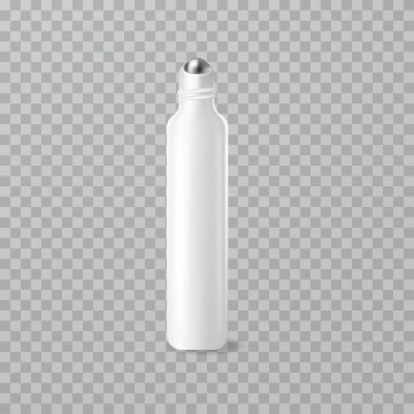 Metalik top aplikatörlü gerçekçi beyaz rulo plastik şişe, göz serumu veya cilt damgalama modelleri için ideal.