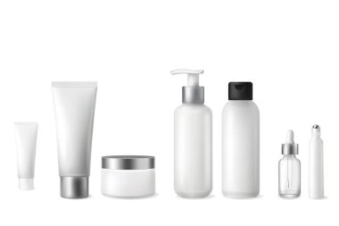 Beyaz arka planda, güzellik ürünü modellemeleri için tüpler, şişeler ve kavanozlar da dahil olmak üzere temiz beyaz kozmetik kapların 3 boyutlu vektör çizimi.