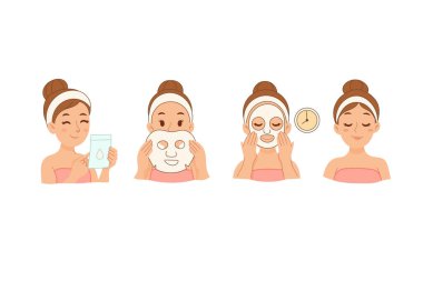 Çizgi film illüstrasyonu, genç bir kadının adım adım maske kullandığını gösteriyor: Açma, uygulama, bekleme ve bitirme.