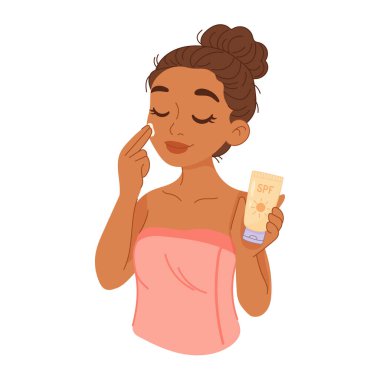 Havlu giymiş genç bir kadının karikatür vektörü rahat ve sağlıklı bir ifadeyle yüz yüze güneş kremi sürüyor..