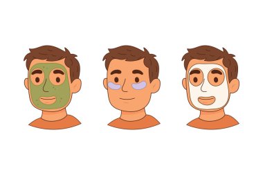 Vektör illüstrasyonu bir adamın üç çeşit yüz bakımı kullandığını gösteriyor: kil maske, göz bandı ve cilt için çarşaf maskesi..