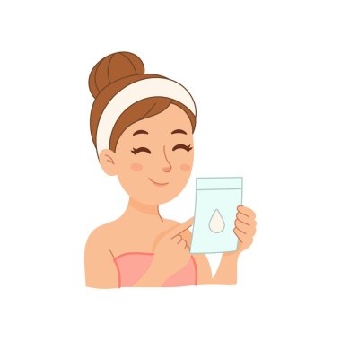 Pembe havludaki vektör karakteri mutlu ifadeli mühürlü yüz maskesi ürünü gösteriyor, cilt bakımı ve sağlık temasını öneriyor..