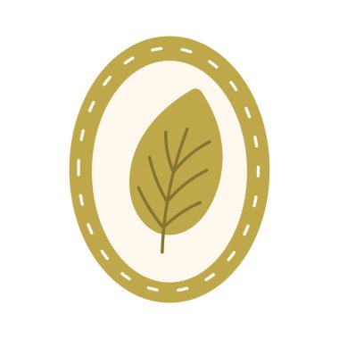 Oval bir çerçevenin içinde yeşil bir yaprak bulunan doğadan esinlenilmiş bir illüstrasyon. Eko grafikler, etiketler ve boho dekoru için mükemmel..