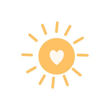 Ortasında kalp şekli olan minimalist boho güneş çizimi. Çocuk tasarımları, dekorlar, çıkartmalar ve posterler için harika..