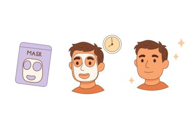 Üç aşamalı bir erkek cilt bakımı. Çarşaf maskesi takıyor, bekliyor ve kullandıktan sonra parlayan deri..