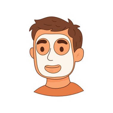Yüzünün tamamını beyaz çarşaf maskeli bir adam karikatürü, rahatlatıcı bir cilt bakımı ve rutin nemlendirici..
