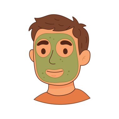 Yeşil kil maskeli bir adamın karikatürü tüm yüzüne sürülmüş, detoks ve gözenek temizleyici cilt temizleme rutinini temsil ediyor..