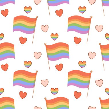 Gökkuşağı bayrakları ve kalplerinin kusursuz deseni, LGBTQIA 'nın gurur, sevgi ve eşitlik ve kapsayıcılığı simgeliyor..
