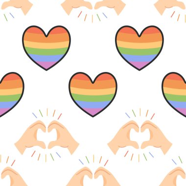 LGBTQIA 'nın gurur, sevgi ve kapsayıcılığını kutlamak için kalp sembolü yapan kusursuz gökkuşağı kalp ve el deseni..