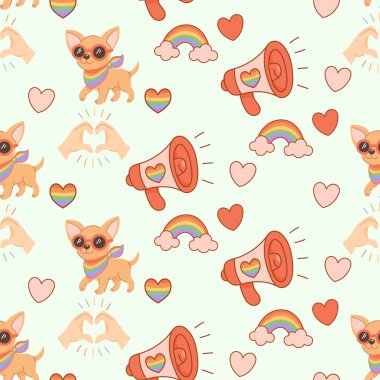 Gökkuşağı eşarplı, megafonlu ve kalpli kusursuz chihuahua köpekleri, gururu simgeliyor, kutlama ve LGBTQIA aşkı.