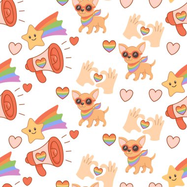 Chihuahua köpeklerinin kusursuz deseni, gökkuşağı bayrakları, kalpler ve eller, LGBTQIA gururunu, kapsayıcılığı ve aşkı simgeliyor..