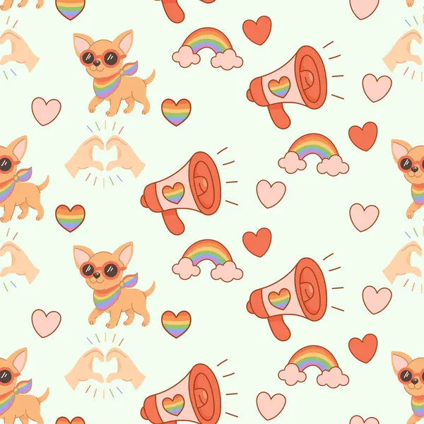 Gökkuşağı eşarplı, megafonlu ve kalpli kusursuz chihuahua köpekleri, gururu simgeliyor, kutlama ve LGBTQIA aşkı.