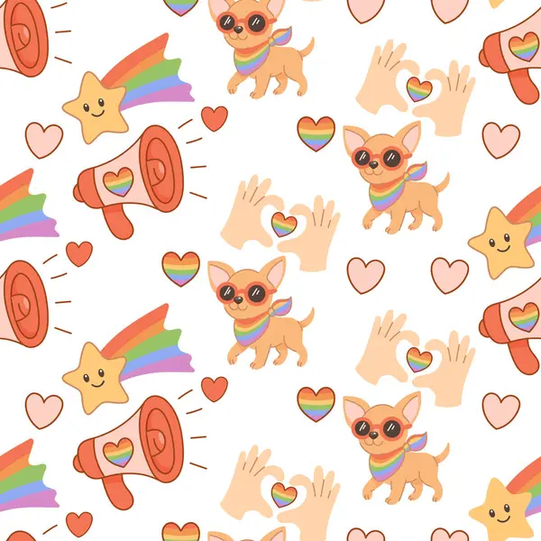 Chihuahua köpeklerinin kusursuz deseni, gökkuşağı bayrakları, kalpler ve eller, LGBTQIA gururunu, kapsayıcılığı ve aşkı simgeliyor..