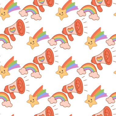 Gökkuşağı kalpli megafonlar, kayan yıldızlar ve gökkuşağı bulutları, gururu ve LGBTQIA kutlamasını simgeleyen kusursuz desenler..