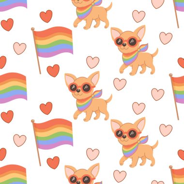 Gökkuşağı eşarplı ve güneş gözlüklü şirin chihuahua köpekleri, gurur bayrakları, kalpler ve LGBTQIA topluluğunu ve festivalini kutlayan semboller..