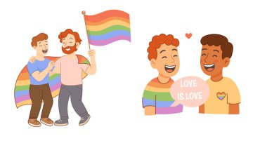 Gökkuşağı bayrağı altında kucaklaşan iki neşeli adamın tasviri, LGBTQIA gururunu, eşitliğini ve toplumunu sembolize eden Aşk mesajıdır..