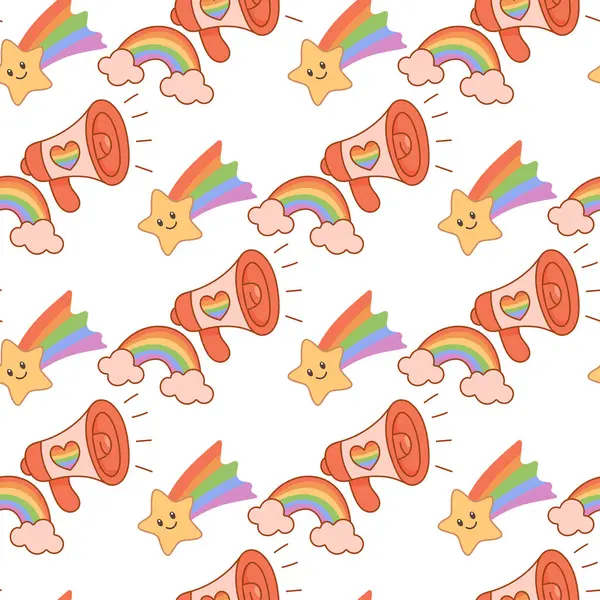 Gökkuşağı kalpli megafonlar, kayan yıldızlar ve gökkuşağı bulutları, gururu ve LGBTQIA kutlamasını simgeleyen kusursuz desenler..