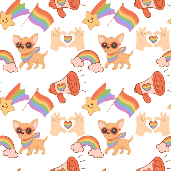 Gökkuşağı atkısı, gurur bayrakları, kalpler, gökkuşağı, yıldızlar, el kalp sembolleri ve megafonla harika bir chihuahua köpeği..