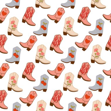 Değişik motiflere sahip renkli kovboy çizmeleri, yaratıcı dijital projeler ve ambalaj kağıtları için harika bir şablon..