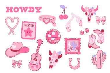 Yaratıcı tasarımlar için kovboy şapkası, bot, gitar, kaktüs, kafatası ve disko topu içeren pembe batı temalı çizimler koleksiyonu.