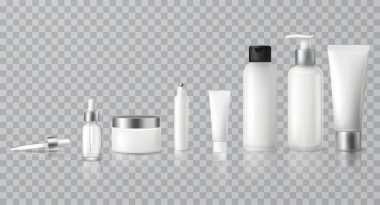 Şeffaf arka plan tüpleri, şişeler, damlalar, kavanoz, rulo üzerinde birden fazla beyaz kozmetik kaplar vektör illüstrasyon. Markalaşma ve tasarım için ideal.