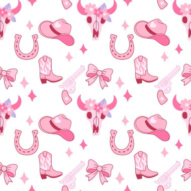 Pembe inek kafatasları, şapkalar, botlar, at nalları, yaylar ve arka plan için silahlar, ambalaj kağıtları ve duvar kağıtları..