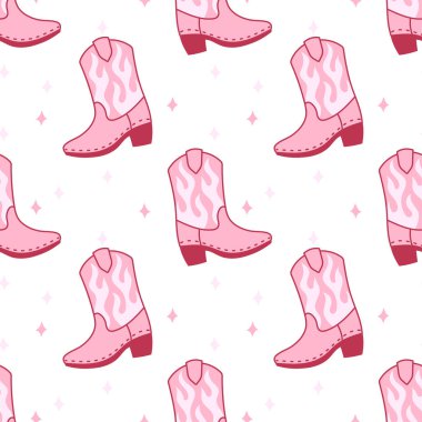 Ateşle ilgili çarpıcı detaylara sahip pembe kovboy çizmeleri, özgeçmiş, tekstil, ambalaj kağıdı ve yaratıcı dijital projeler için idealdir..