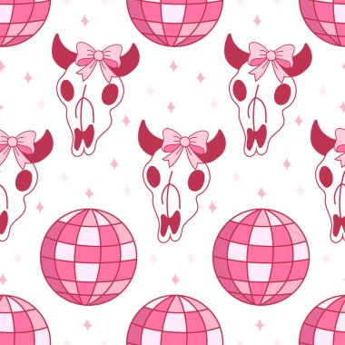 Pembe inek kafatasları ve pembe disko toplarıyla süslenmiş kusursuz desenler. Arka planlar için eğlenceli, kız işi ve moda tasarımı.